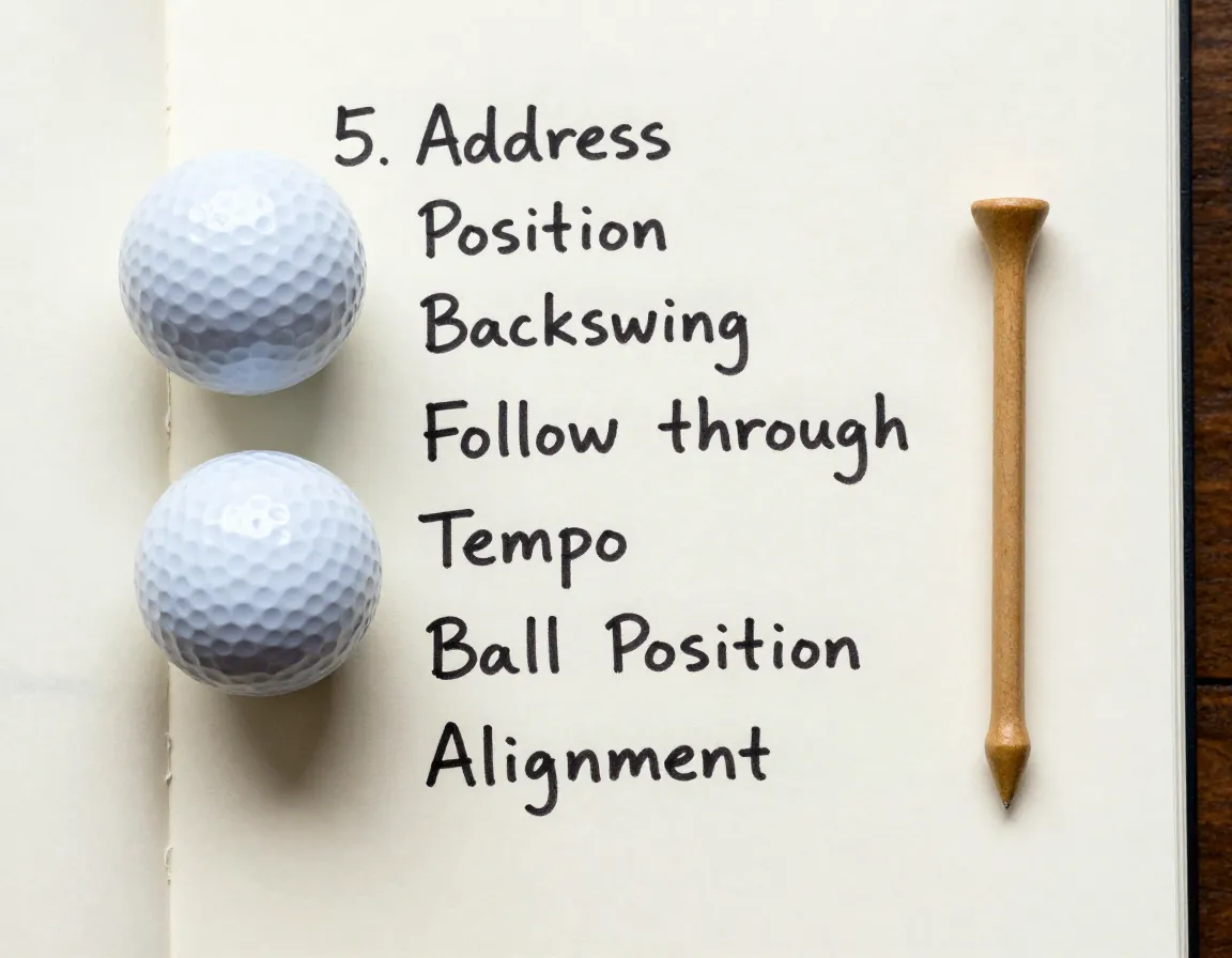 Golf terminology list on a notepad beside a golf ball and tee