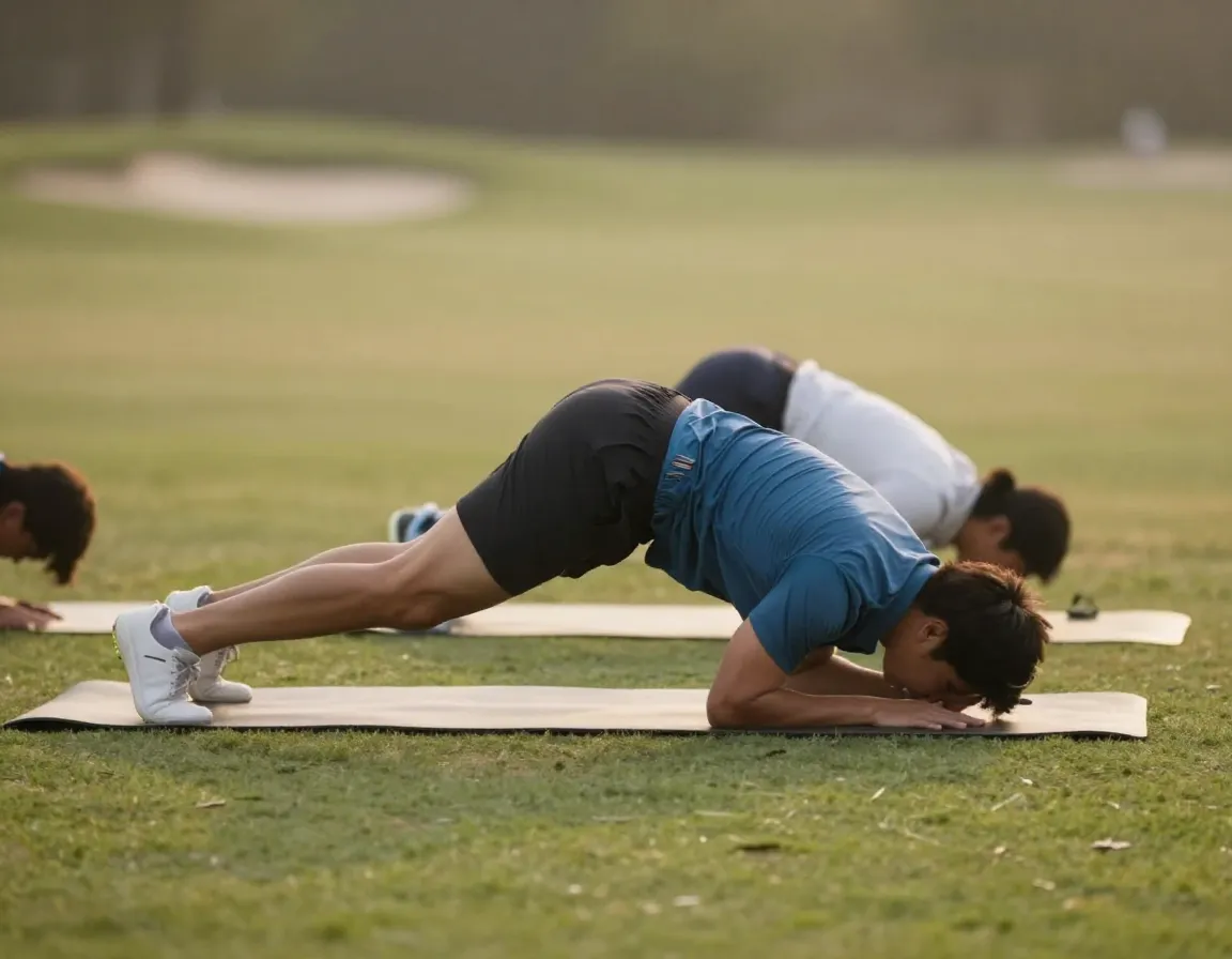 Golfer on all fours performing cat cow spine mobilization