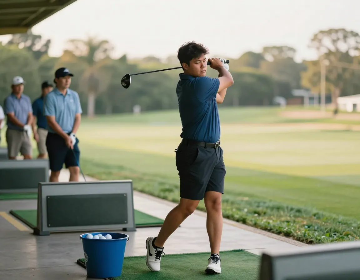 Golfer practicing on a driving range with a positive focused expression