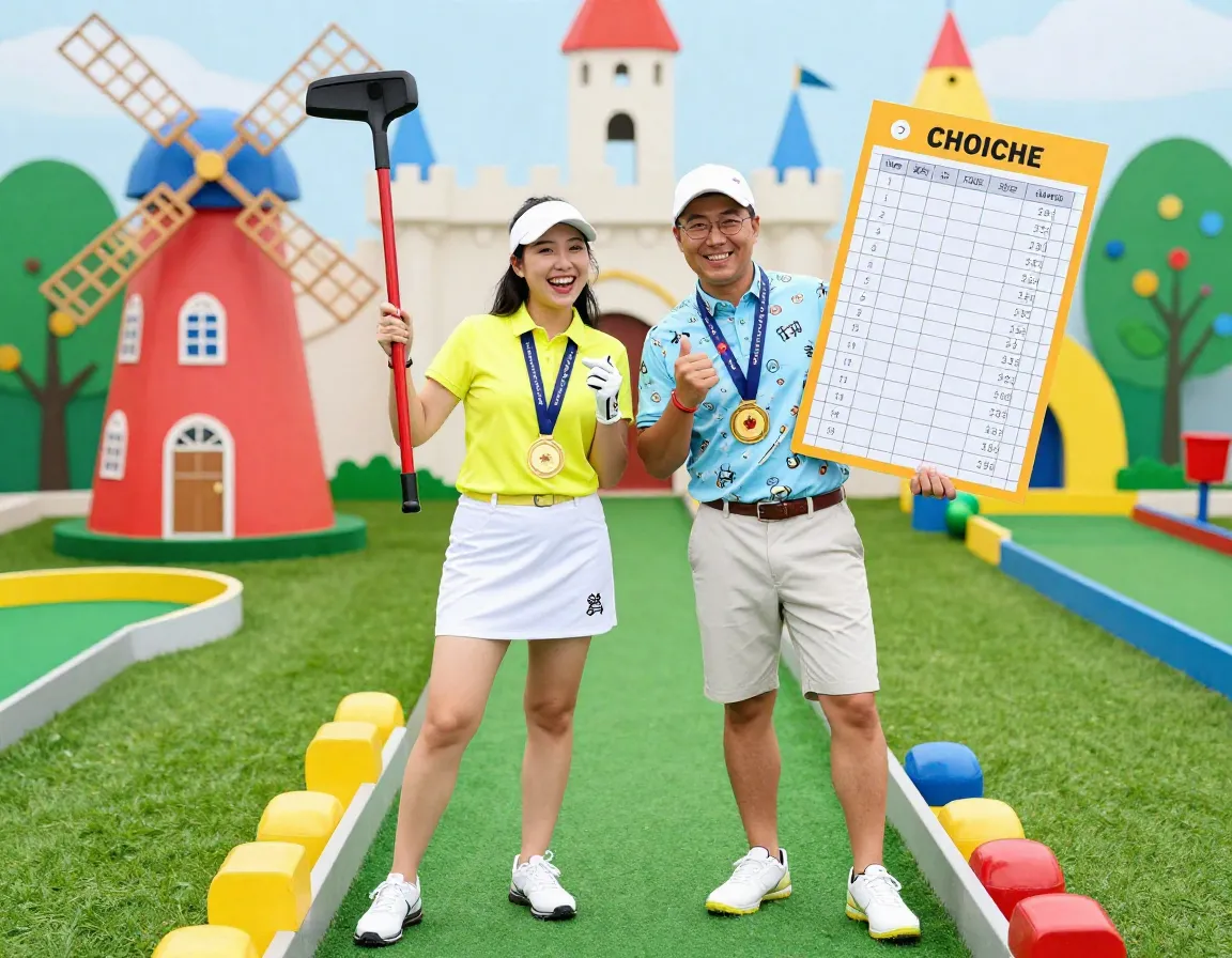 Miniature golf champions with playful props