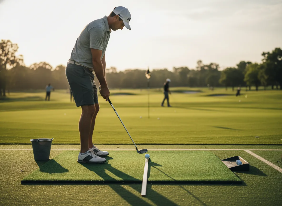 Golfer using alignment stick during a short focused practice session