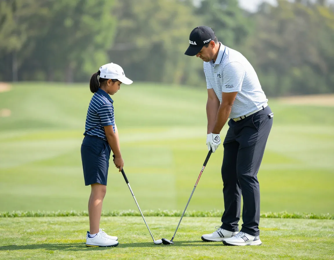 Pga professional giving a beginner golf lesson on a practice tee