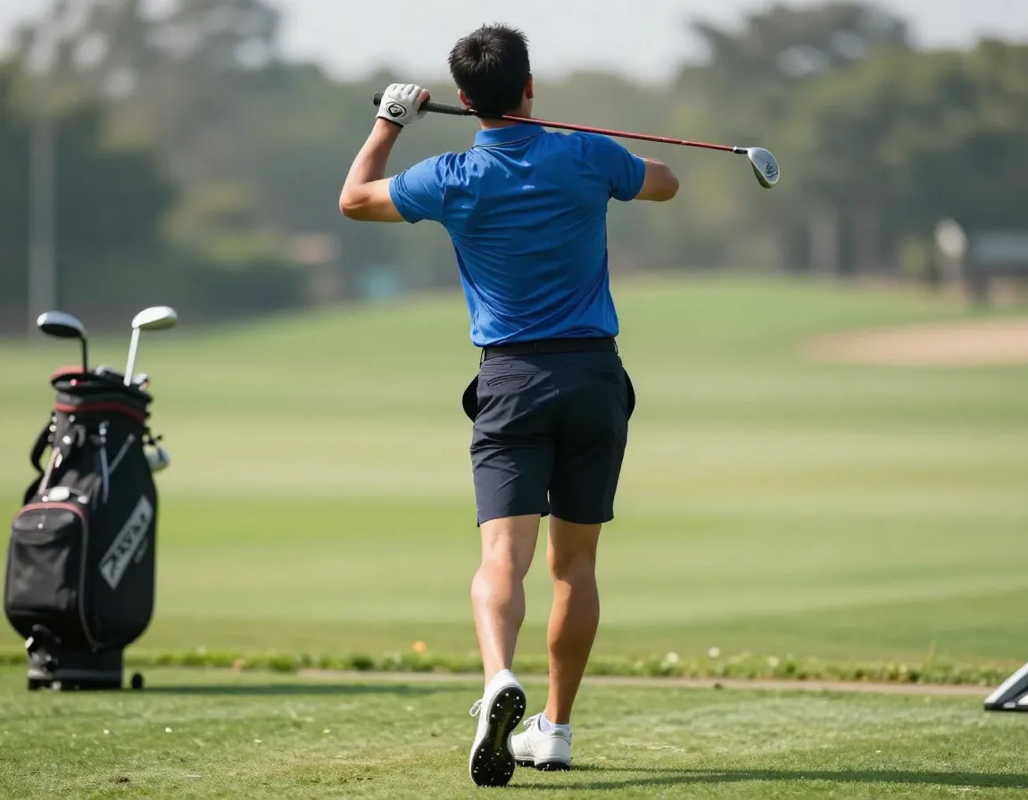 Trunk rotation stretch with a golf club behind the neck