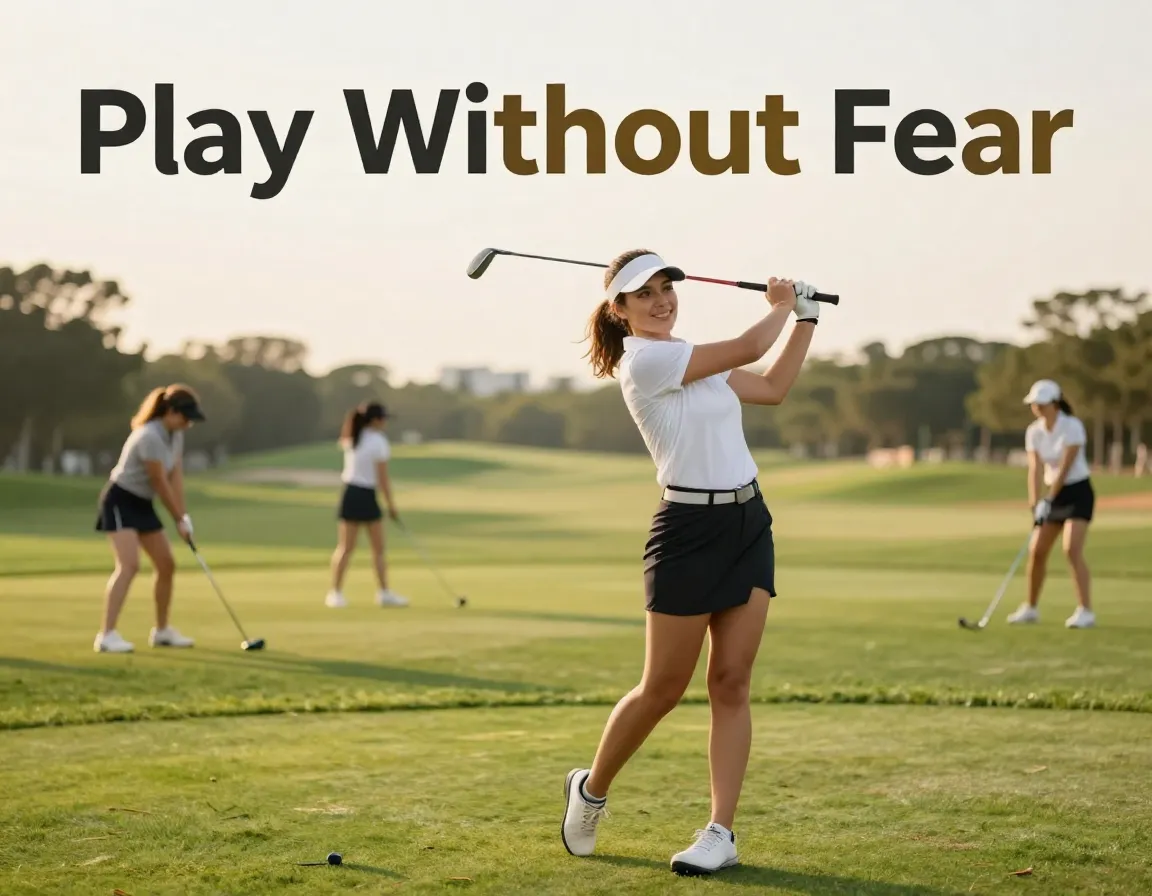 Confident woman golfer sunny driving range golden hour backswing action shot