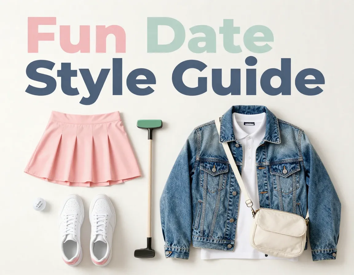 Flatlay mini golf date outfits tennis skirt sneakers denim jacket
