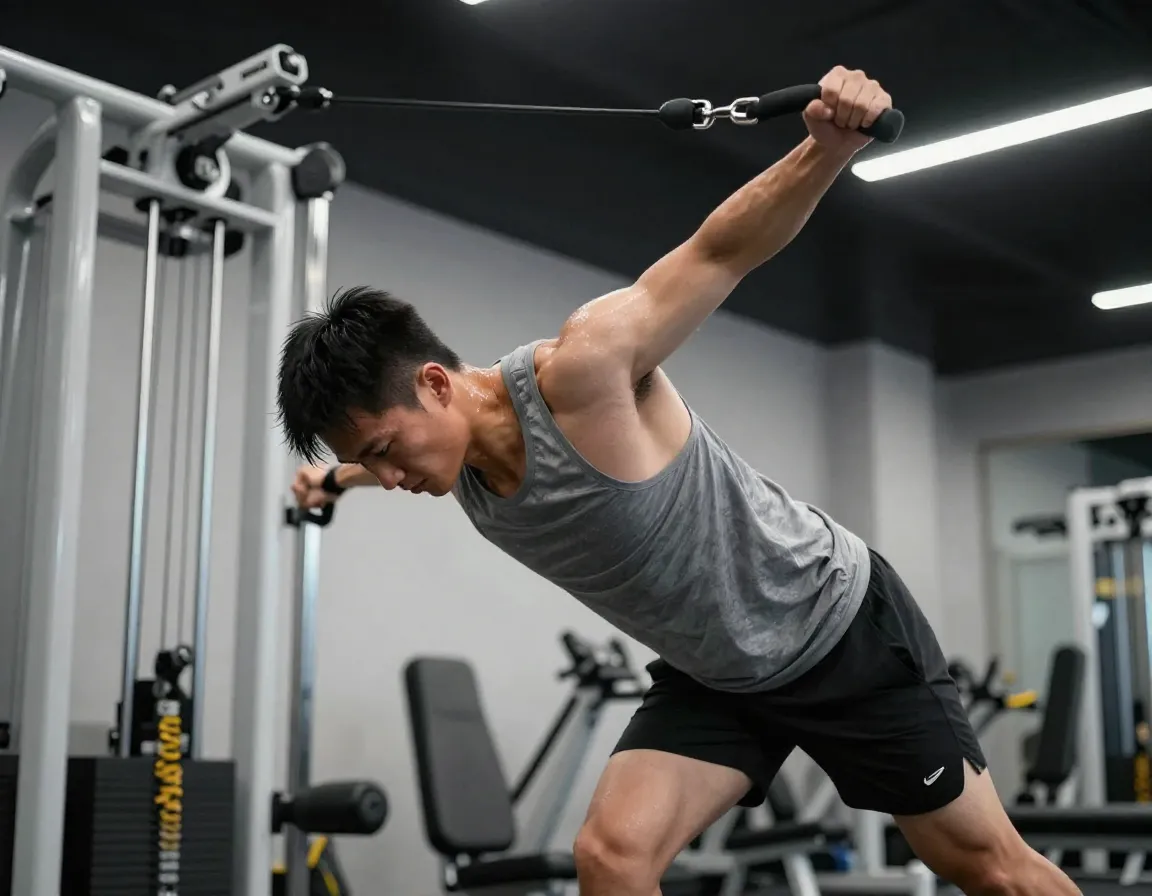 Athlete performing cable wood chop high to low rotation