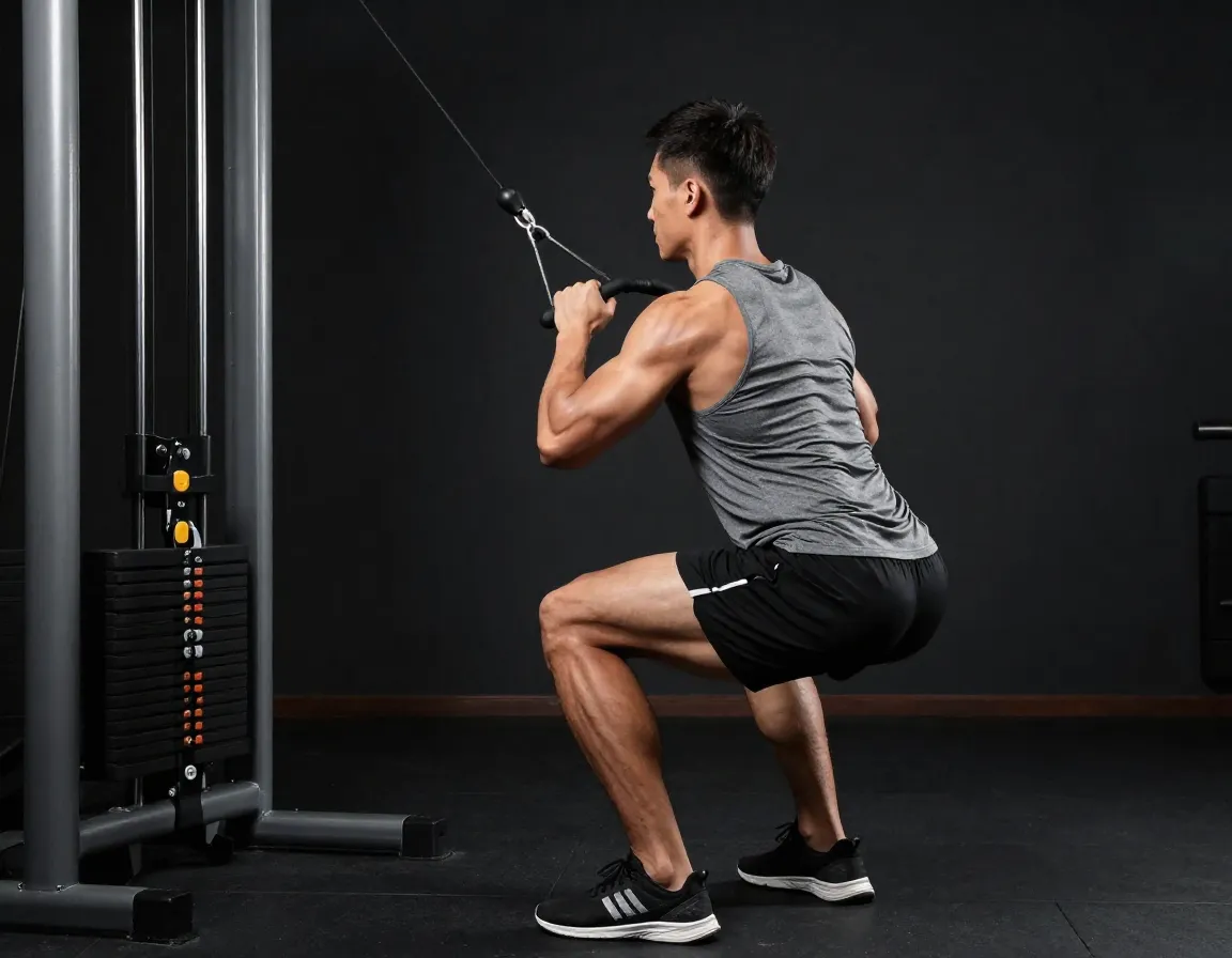 Cable rotational squats exercise with lower body power