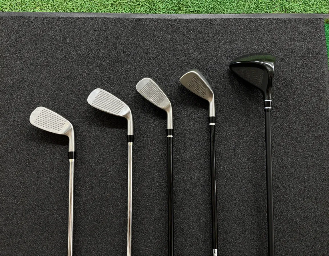 Golf clubs arranged in progression from wedge to driver on range