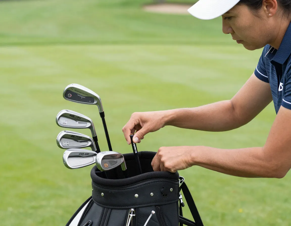 Woman golfer selecting a six iron from her bag on the course