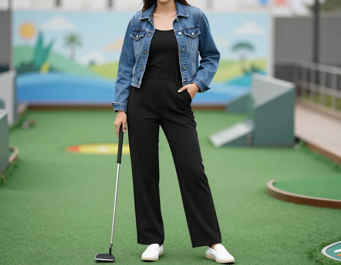 Black jumpsuit denim jacket sophisticated mini golf ensemble