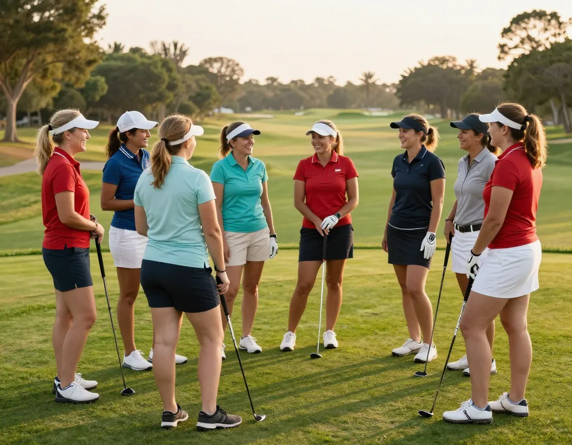 Group of women golfers laughing and talking on a course tee box