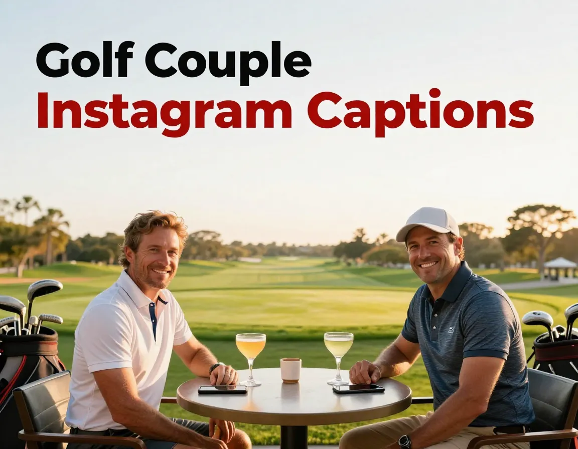 Smiling golf couple celebrates post round on clubhouse patio