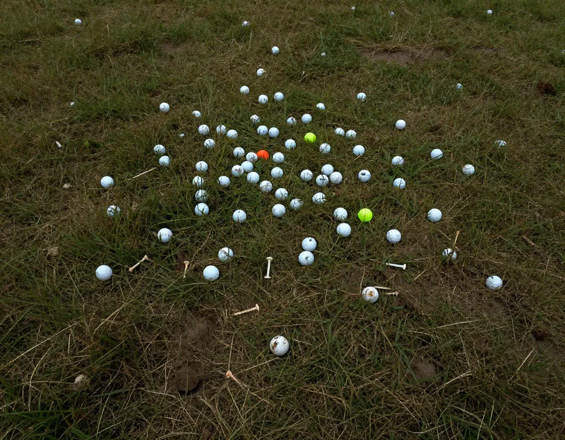 Overhead spread of lost golf balls scattered across rough grassy terrain