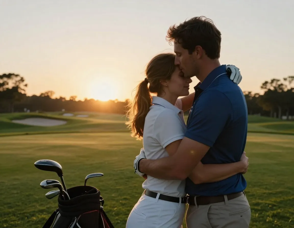 Romantic sunset golf couple golden hour embrace after round