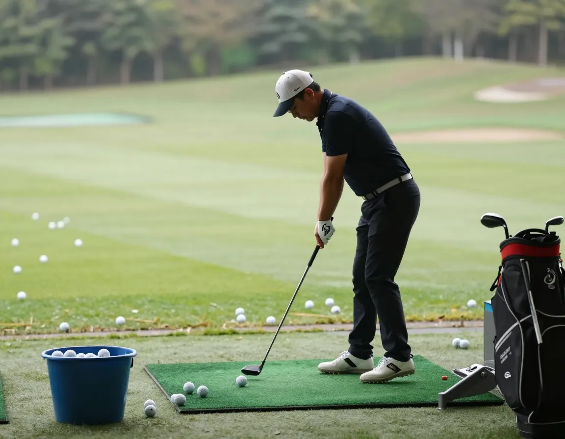 Golfer practising swing on driving range with scattered balls