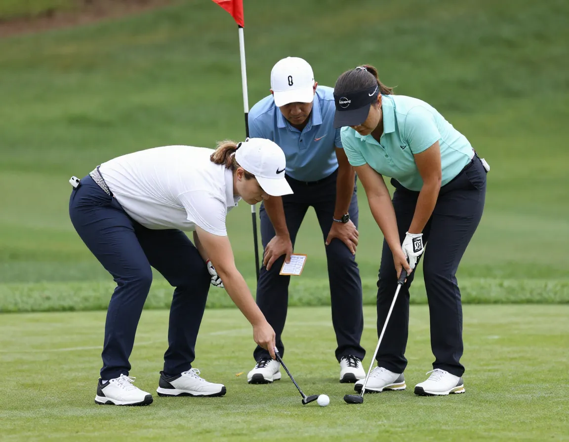Competitive couple focused on putting green with scorecard