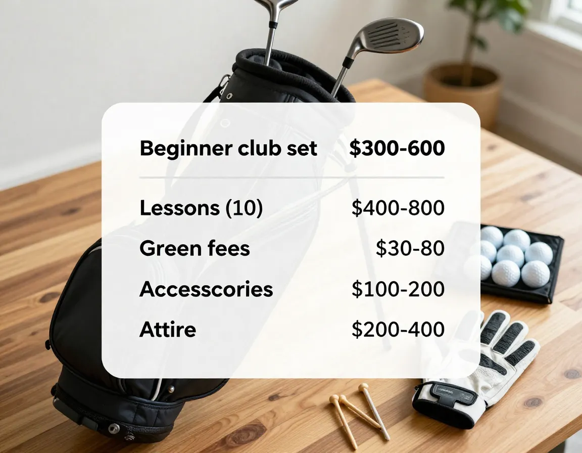 Detailed cost breakdown list overlaying a basic beginner golf bag set