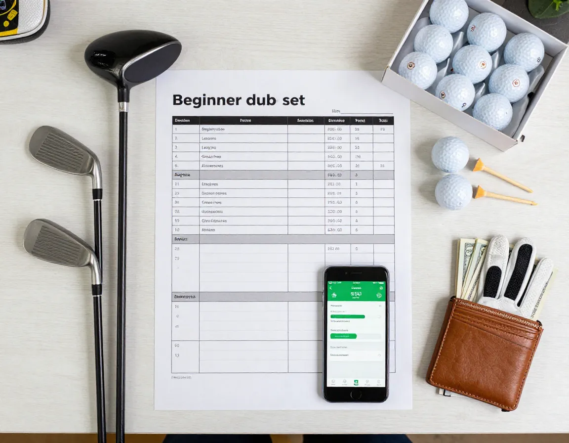 Beginner golf equipment and budget spreadsheet on kitchen table