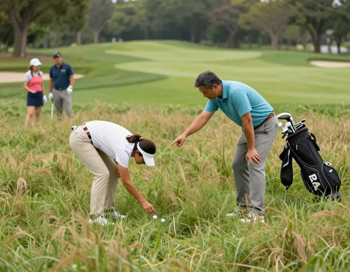 Supportive partner helping search for golf ball in rough