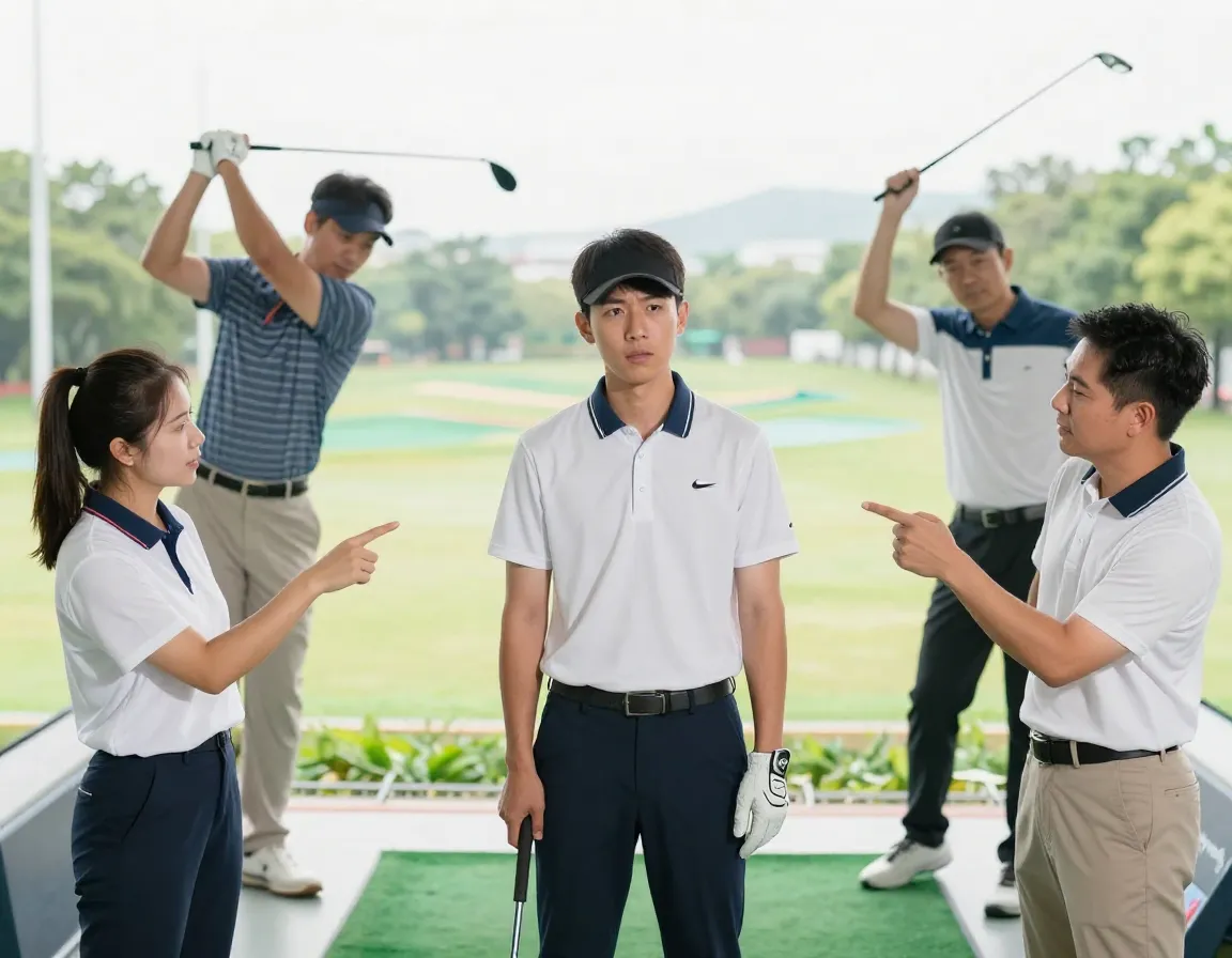 Beginner golfer surrounded by conflicting advice from multiple people