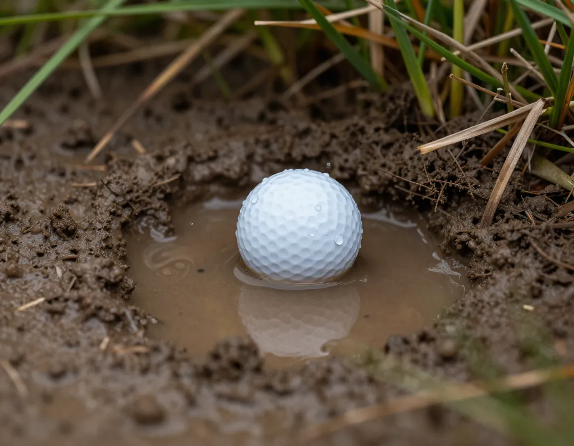 Close up of a golf ball stuck in a muddy water hazard puddle