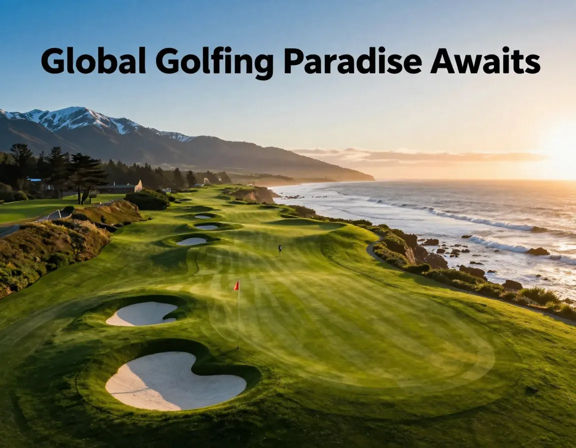 Aerial golf fairway ocean cliffs mountains sunset paradise