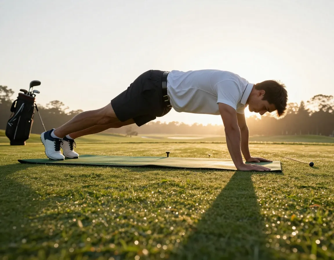 Person performing plank exercise on golf course tee box at sunrise