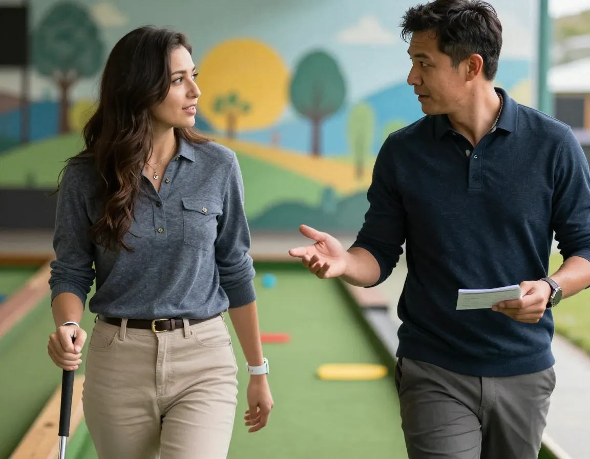 Couple engaged in natural conversation on mini golf course