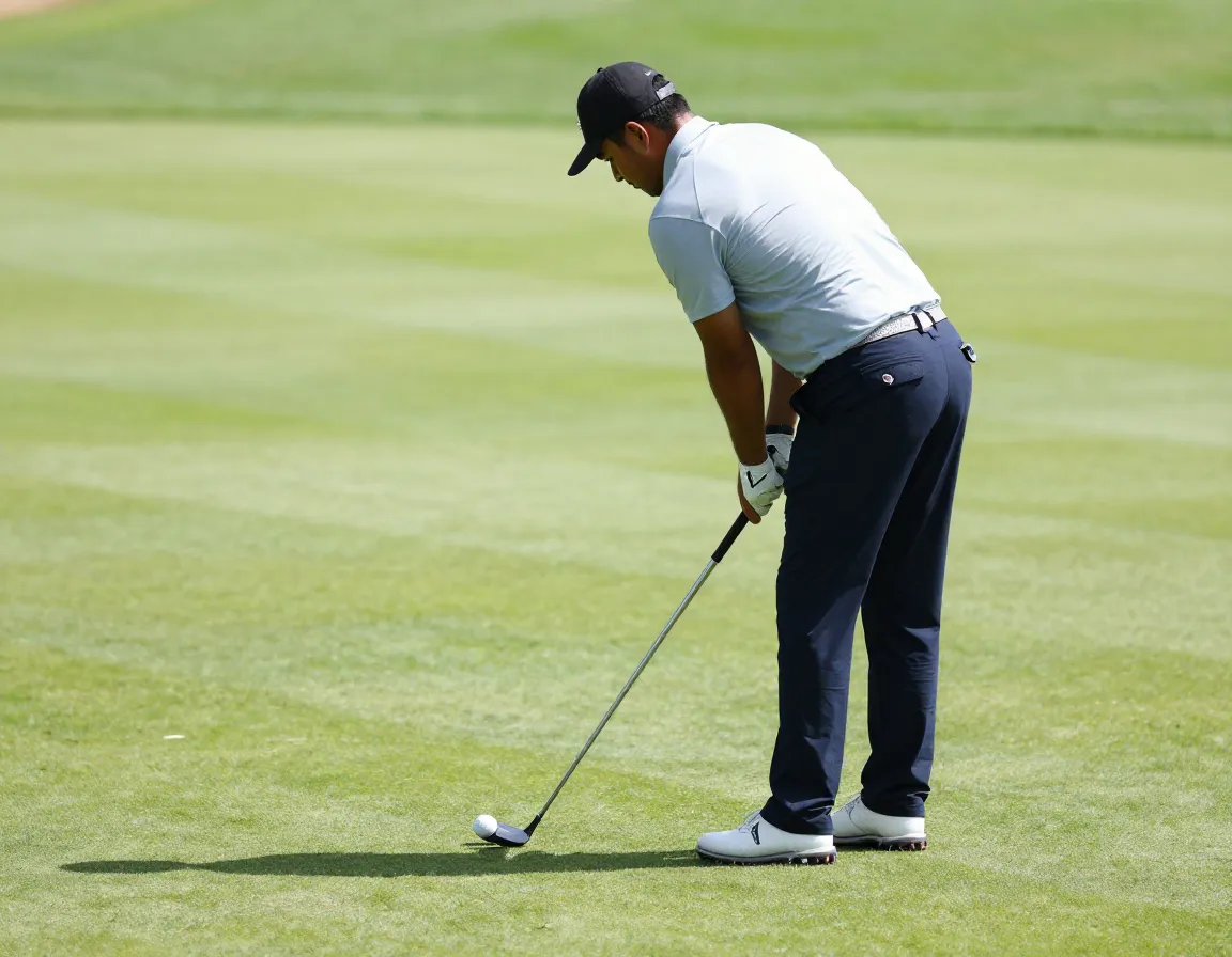 Narrow open chipping stance for steeper angle and cleaner contact