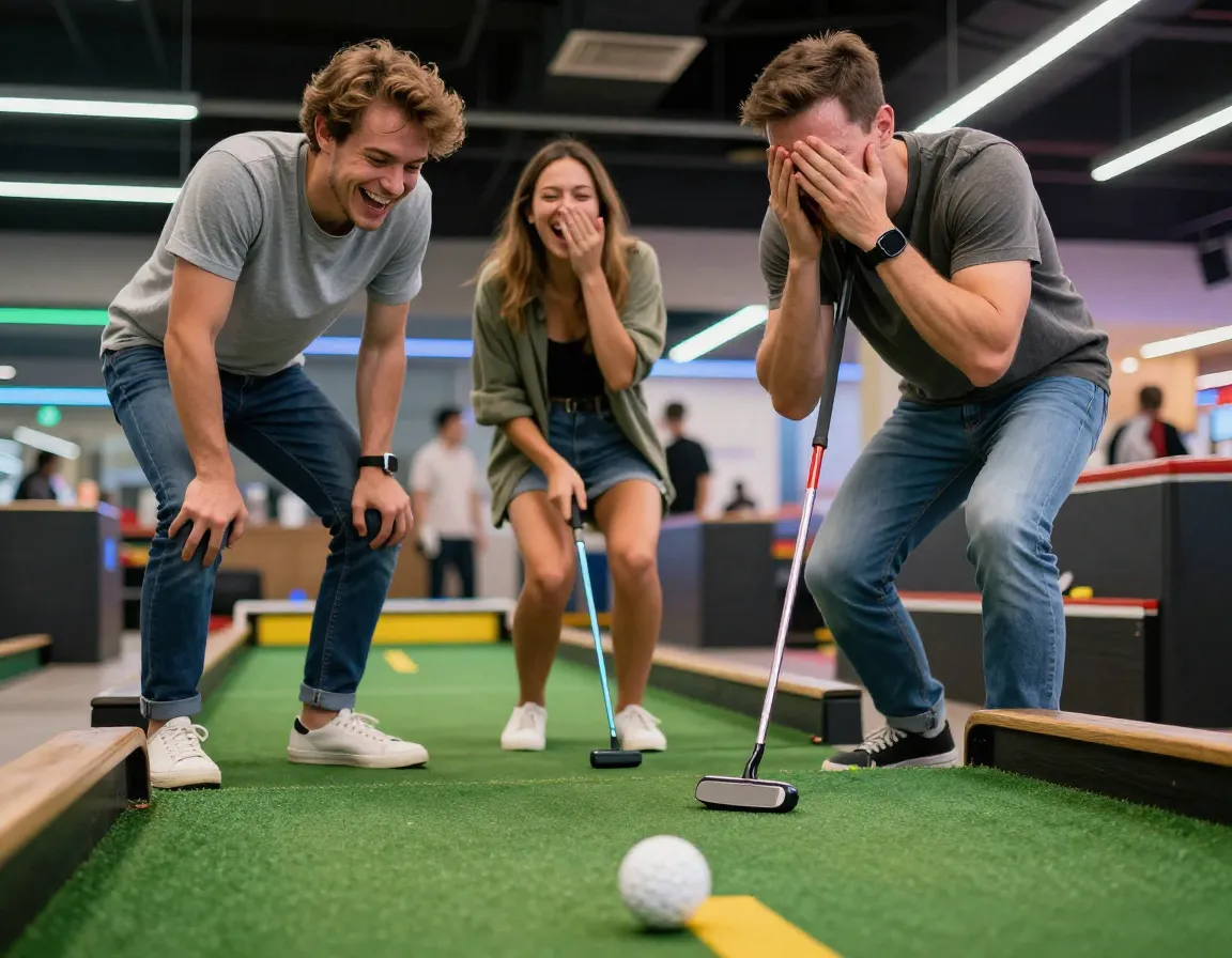 Couple sharing genuine laughter during playful mini golf game