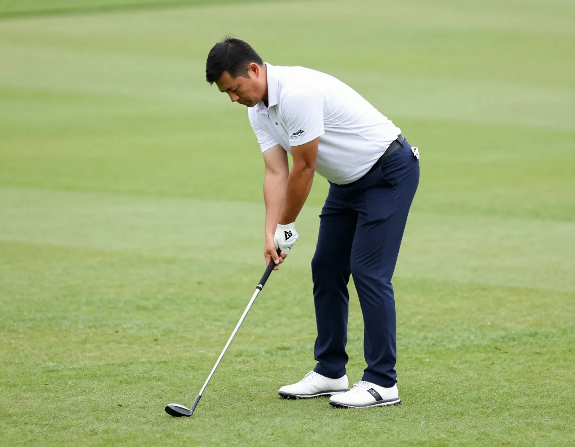 Golfer practicing core driven chipping technique with connected arms