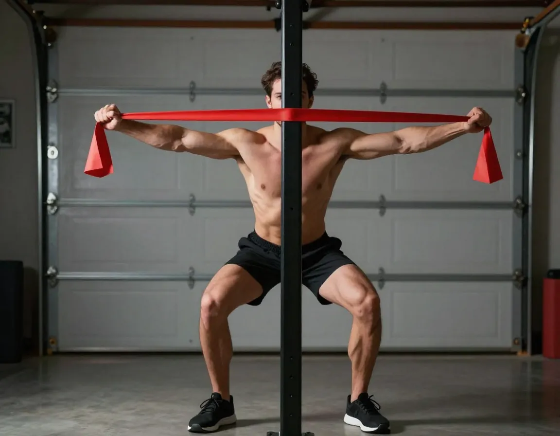 Person performing anti rotation press with resistance band in garage