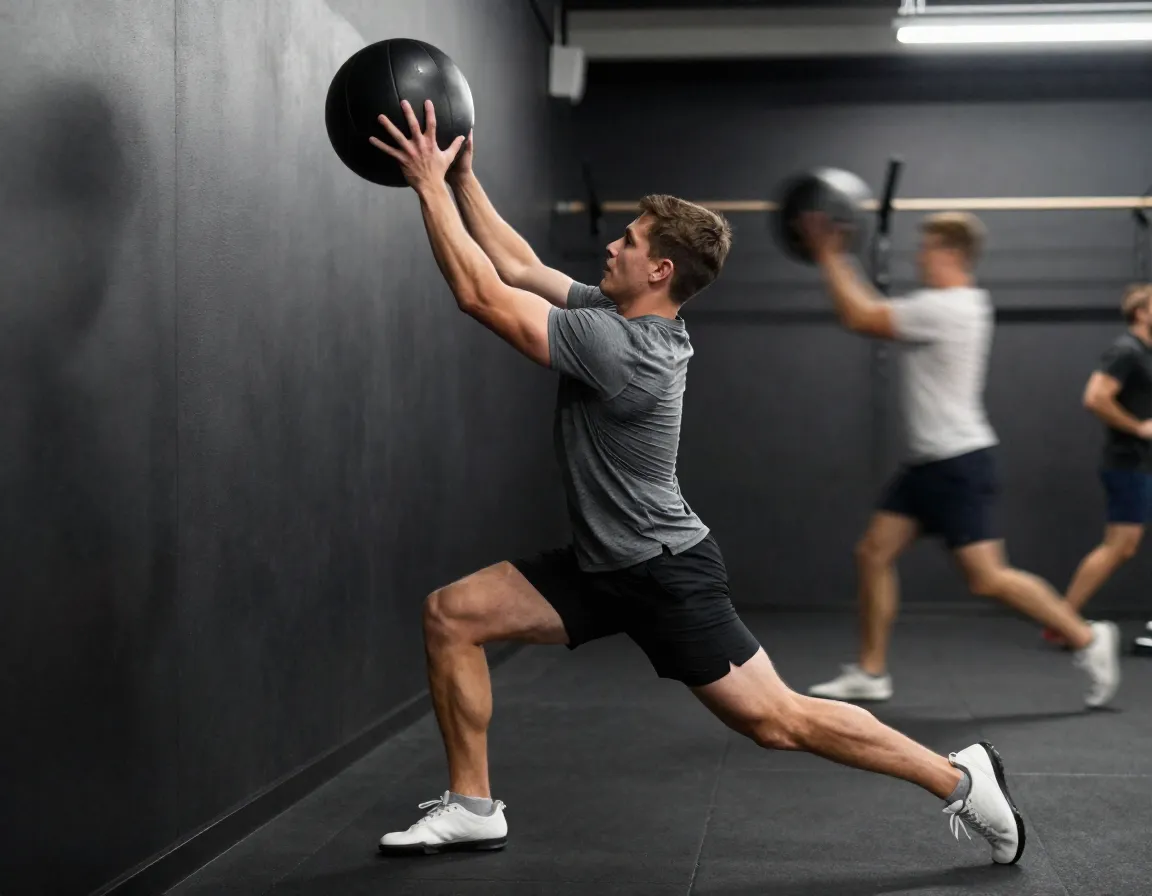Person throwing medicine ball in split stance against gym wall