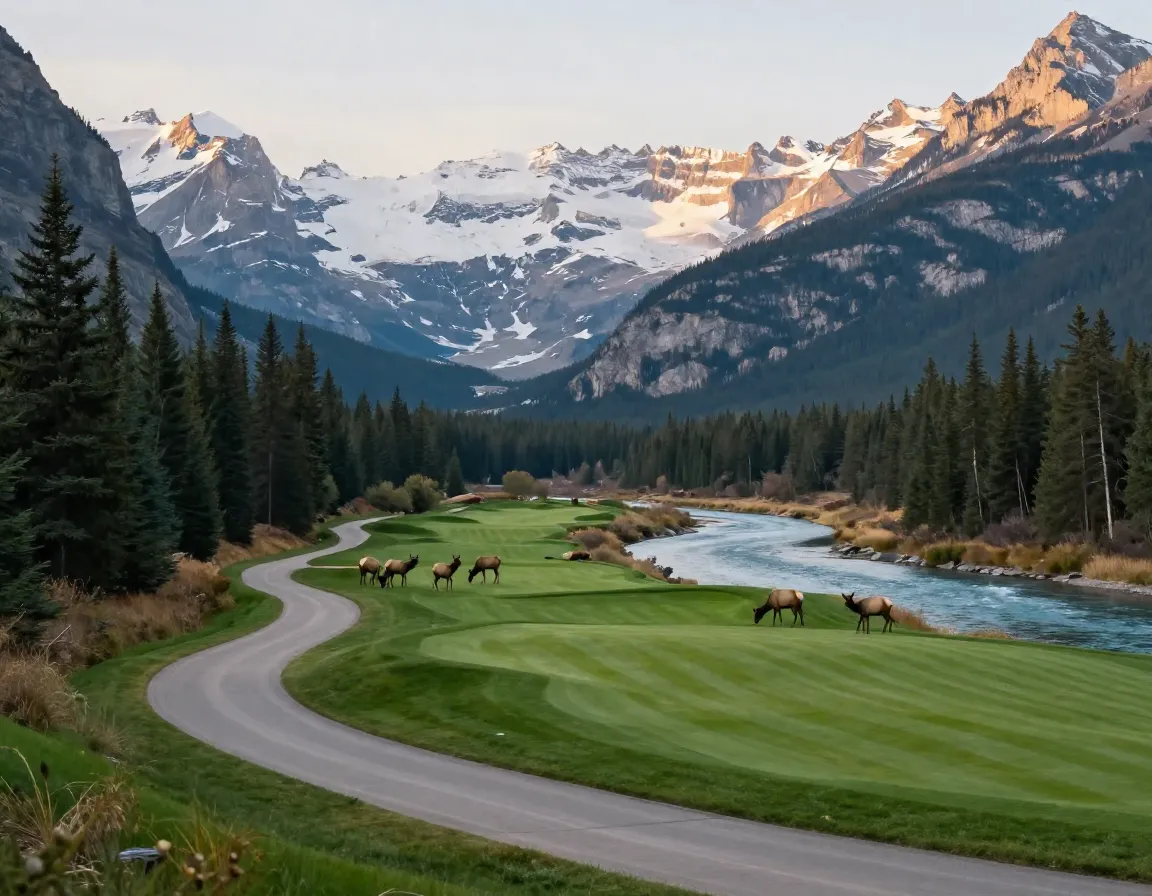 Banff springs golf course fairway with canadian rockies and elk