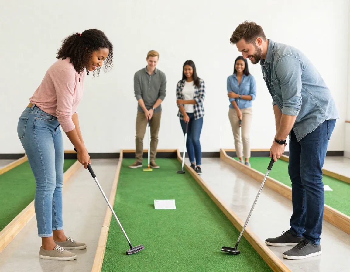 Diverse couple enjoys accessible mini golf fun casual date