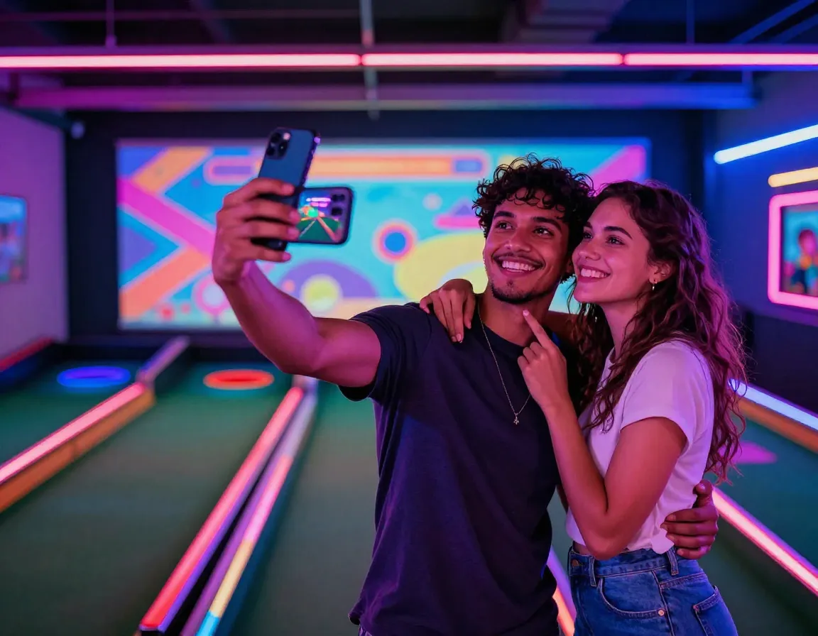 Couple captures instagram worthy photo vibrant mini golf course