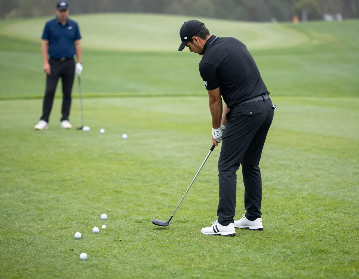 Golfer practicing chipping on a green with focused determination