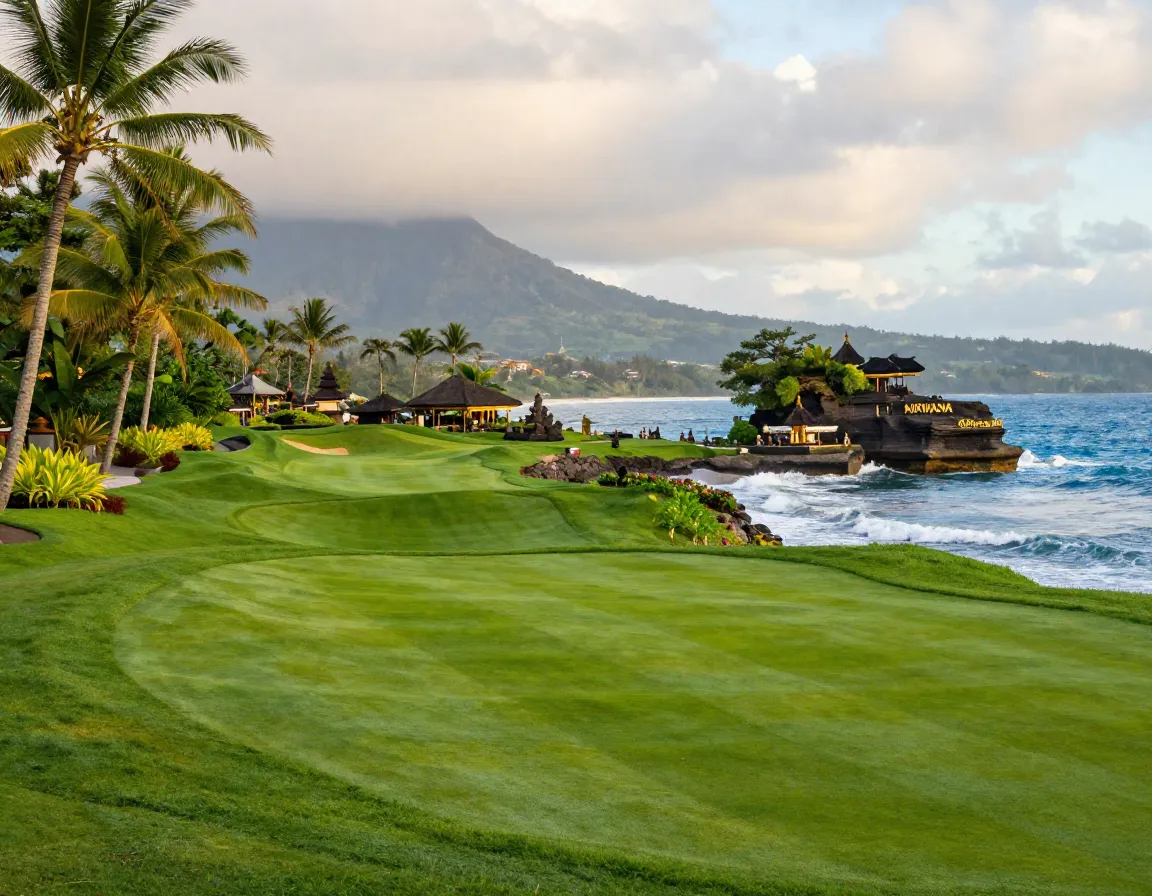 Nirwana bali golf club tropical fairway with tanah lot temple