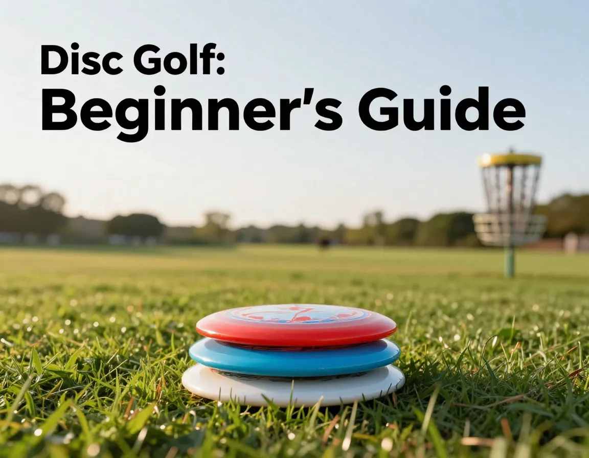 Stacked discs in park with basket background beginner disc golf guide cover