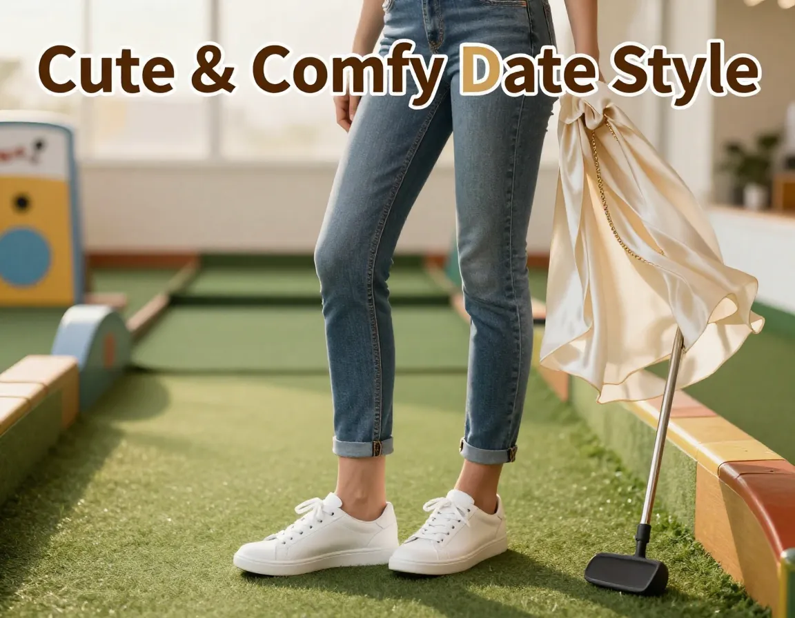 White sneaker rolled jeans butterfly putter mini golf date outfit