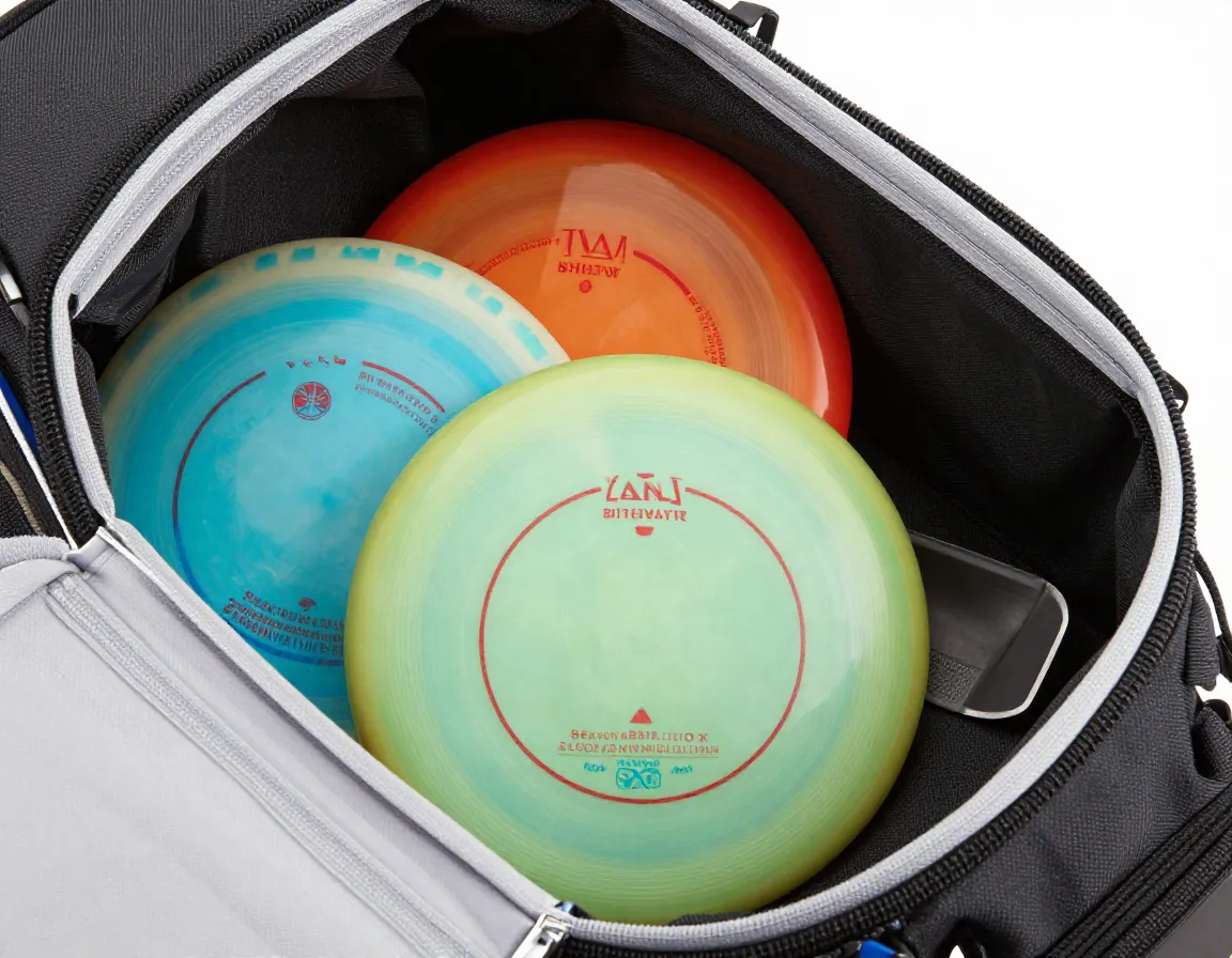 Open disc golf bag with three separated disc types driver midrange putter