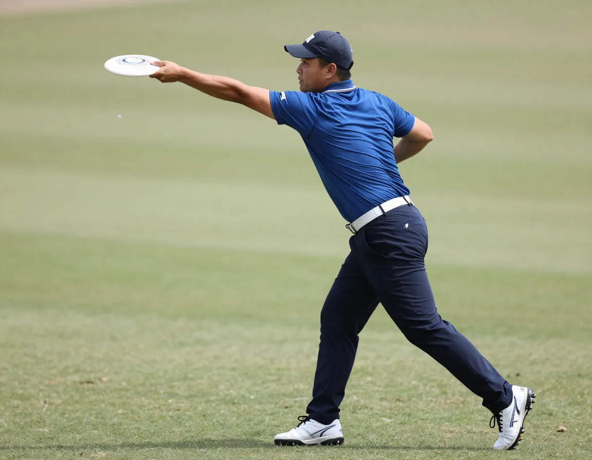 Right handed golfer executing backhand throw reach back phase field