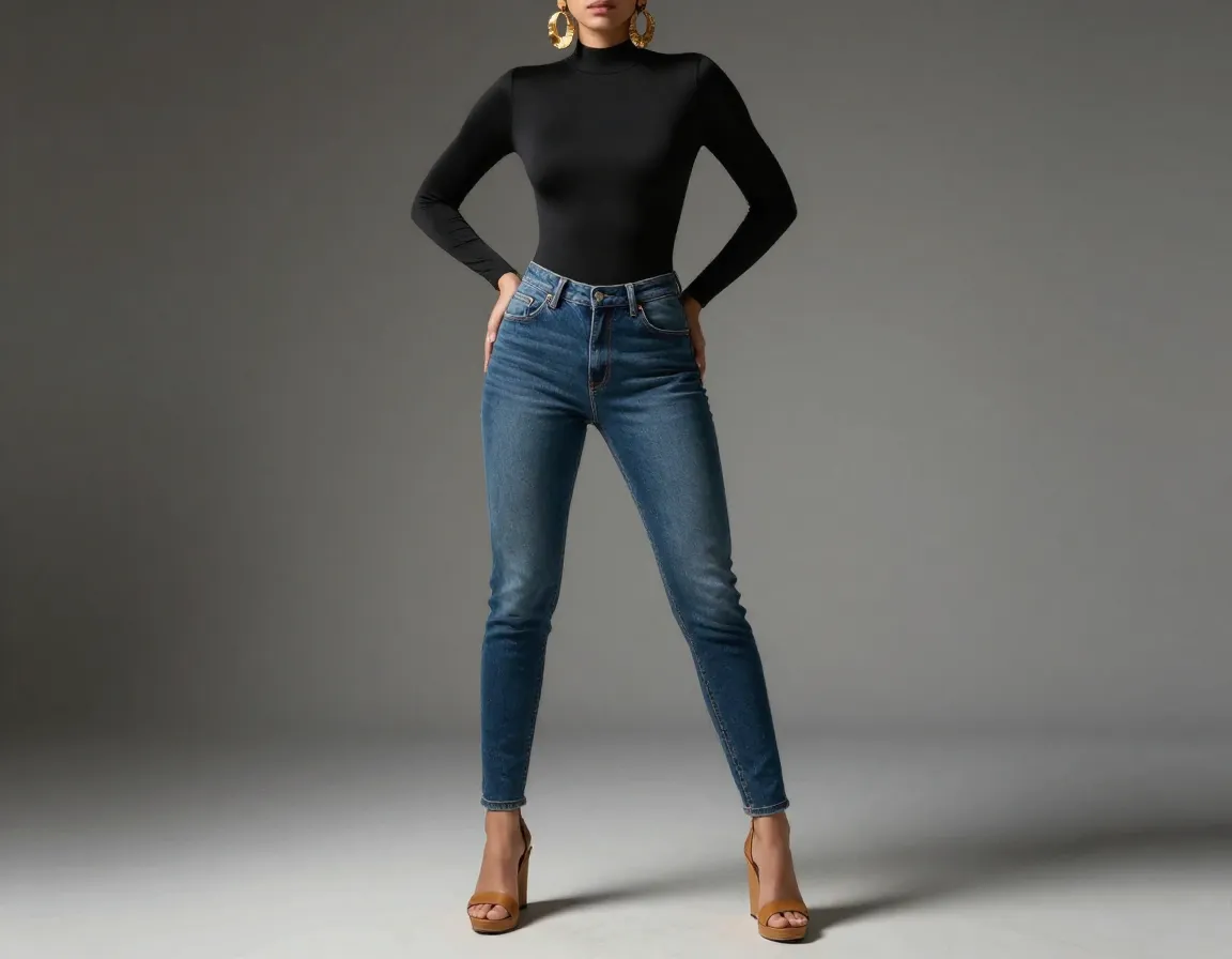 Long sleeved bodysuit jeans statement earrings wedge sandals outfit