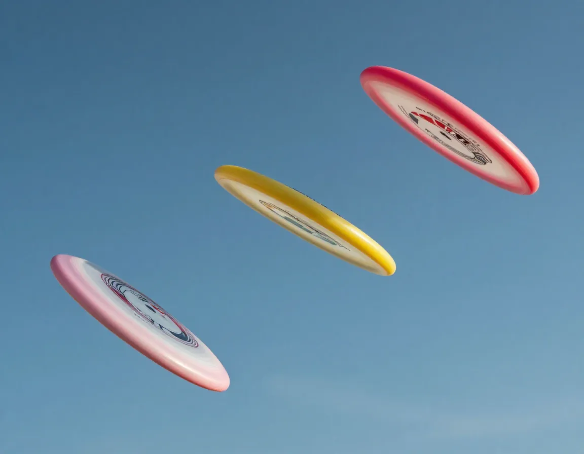 Three discs midair showing understable stable overstable flight patterns