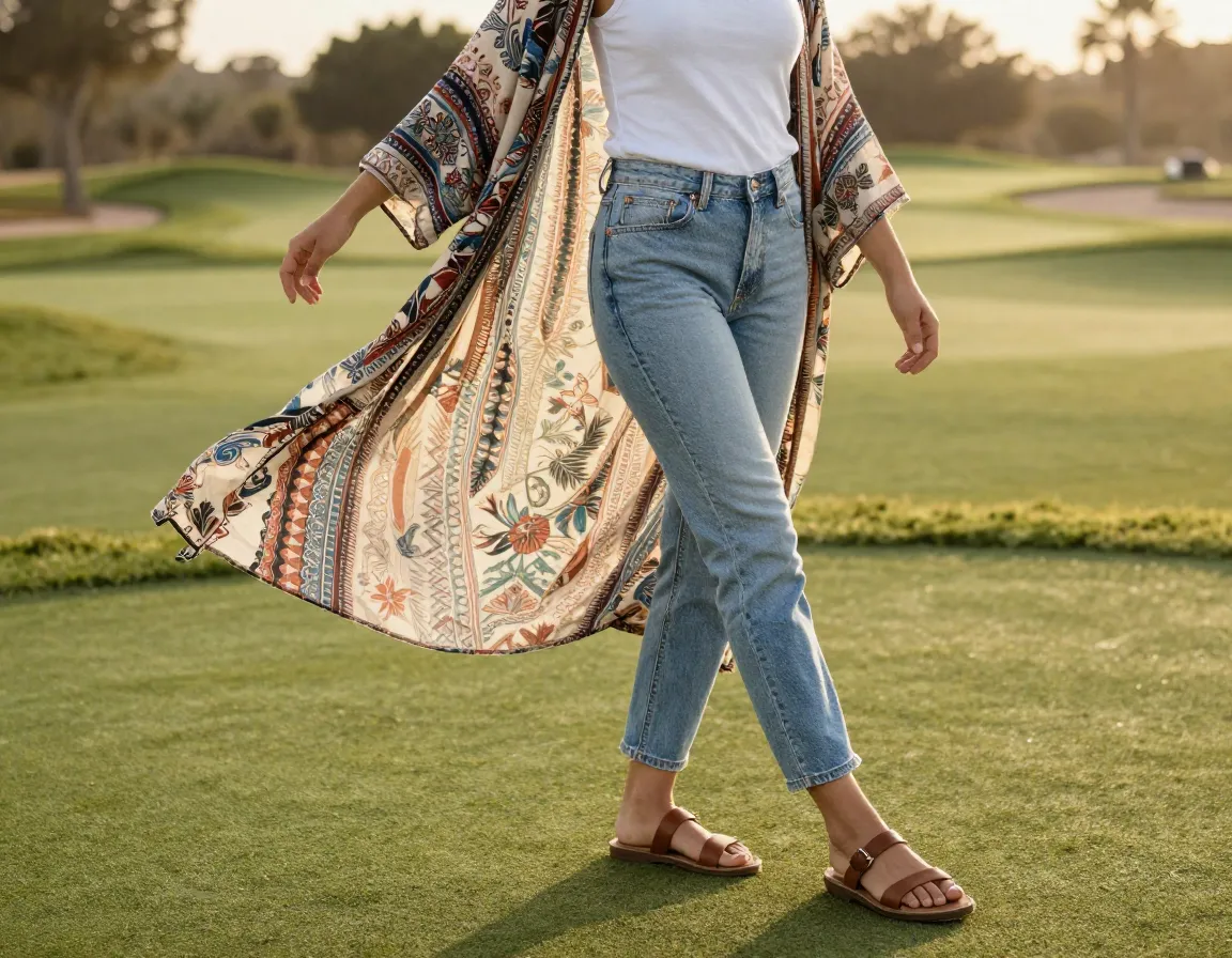 Flowy printed kimono tank top jeans flat sandals bohemian style