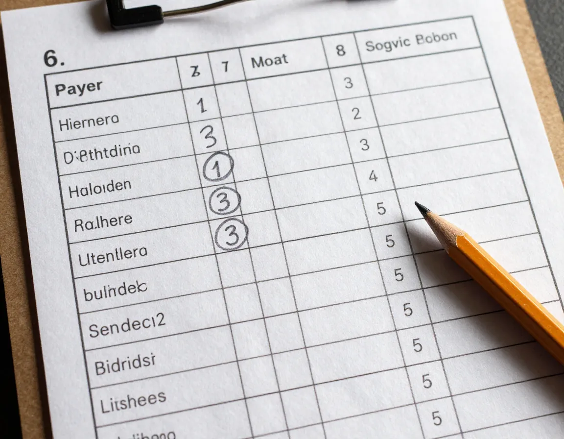 Closeup paper disc golf scorecard with ace birdie bogey scores