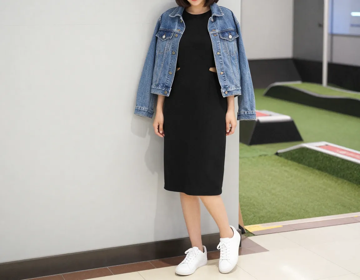 Cut out black dress denim jacket white sneakers casual polished