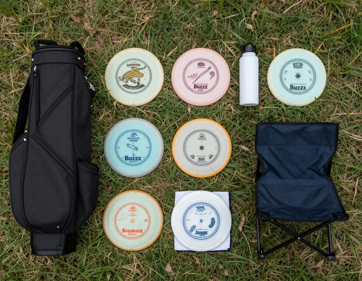 Beginner gear flatlay bag discs mini towel bottle chair grass