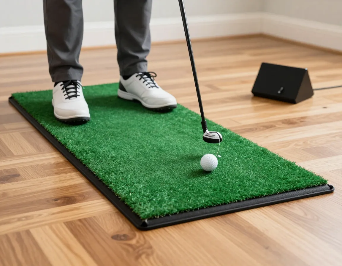 Portable golf mat with non slip backing on hardwood floor