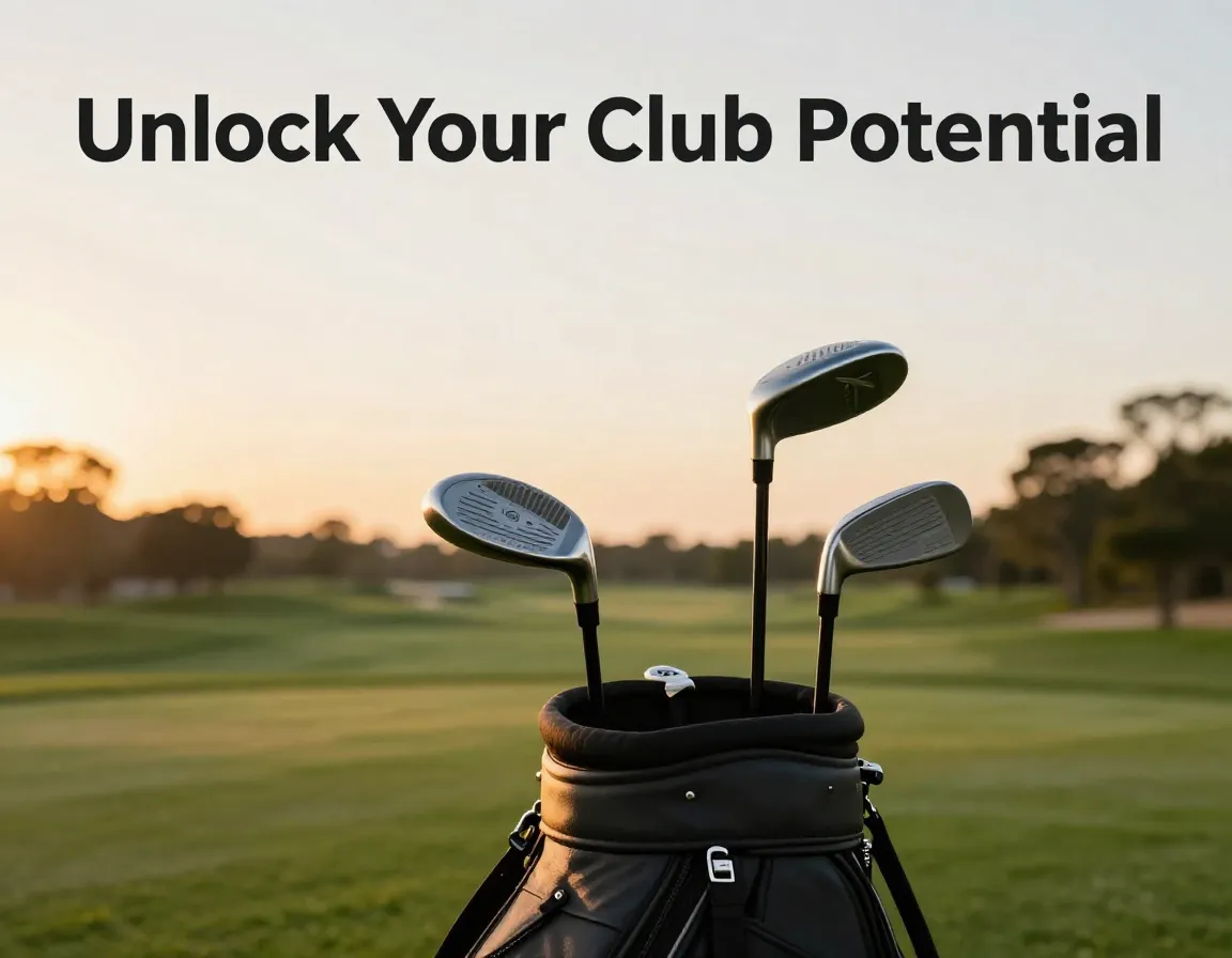 Premium golf clubs fanned bag fairway sunset glow negative space